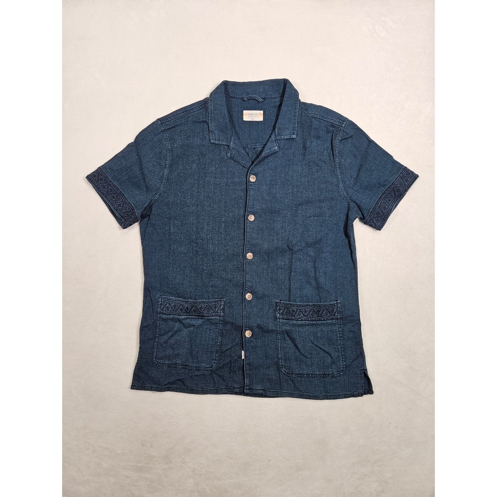 Marine Layer Archive Indigo Blue Embroidered Cotton Blend Camp Shirt Mens Medium